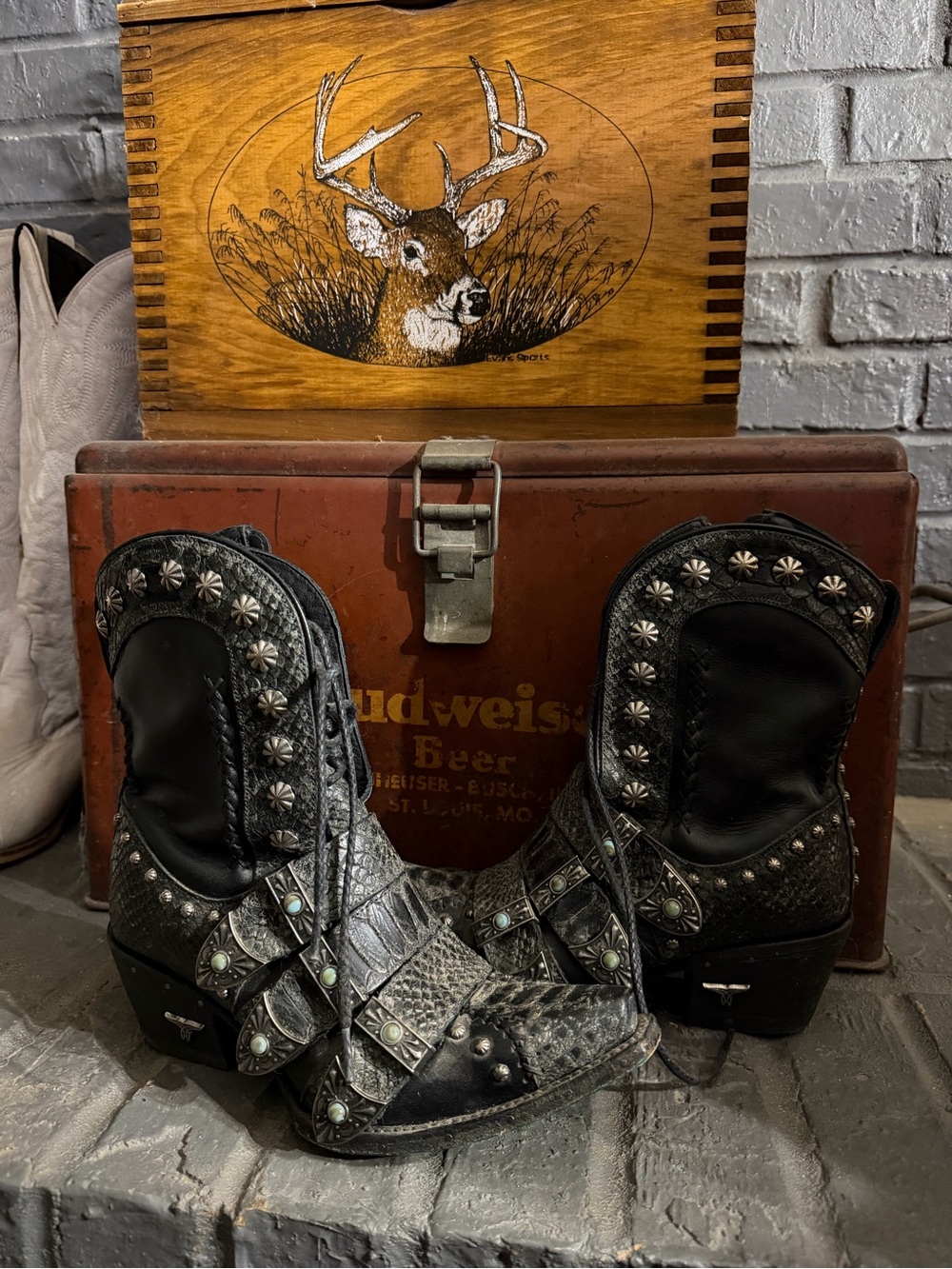 DISCONTINUED LANE Black Studded Leather Western Boots